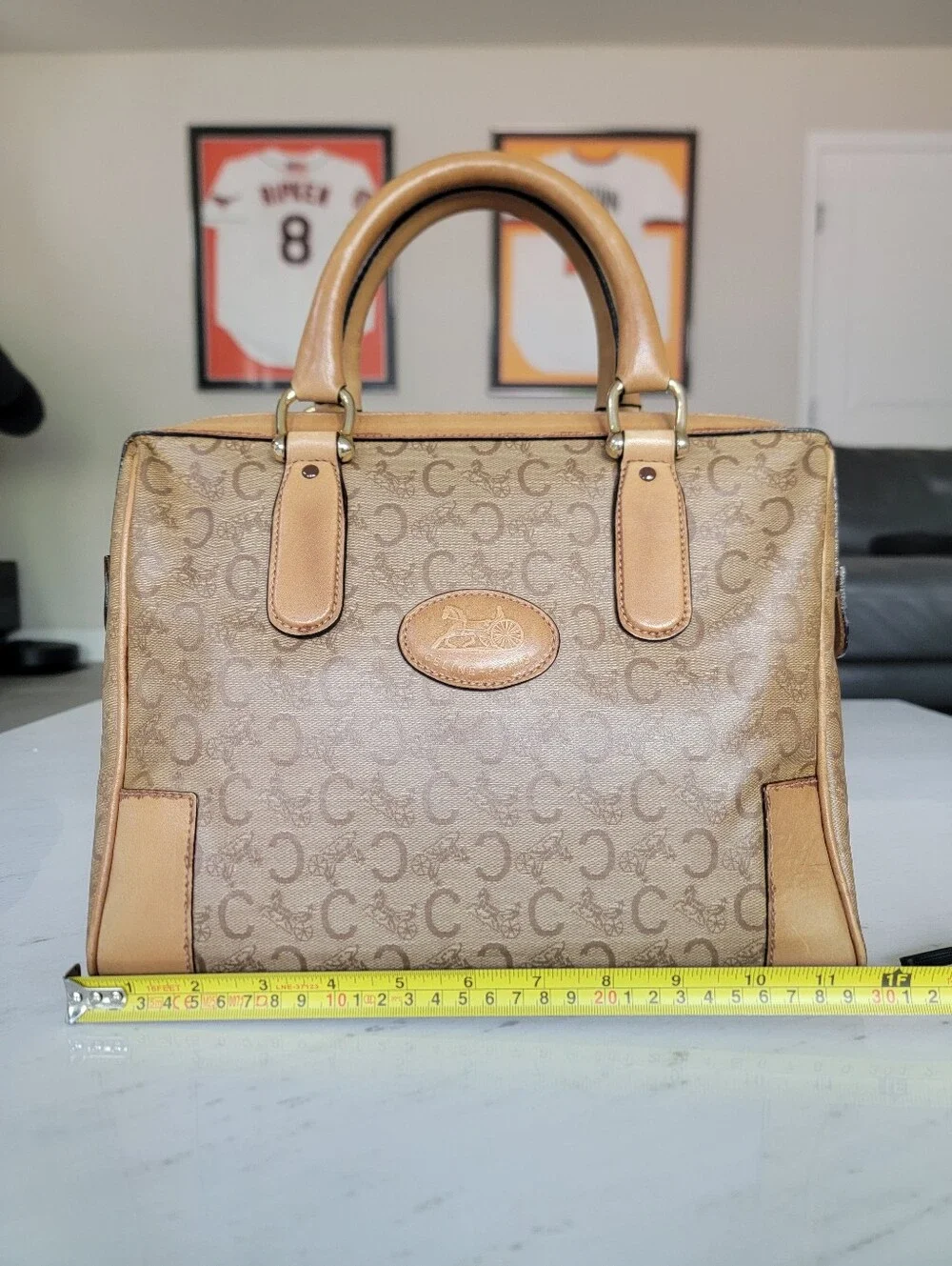 CELINE C Sulky Boston Bag Brown Tan Vintage Coated Canvas Leather